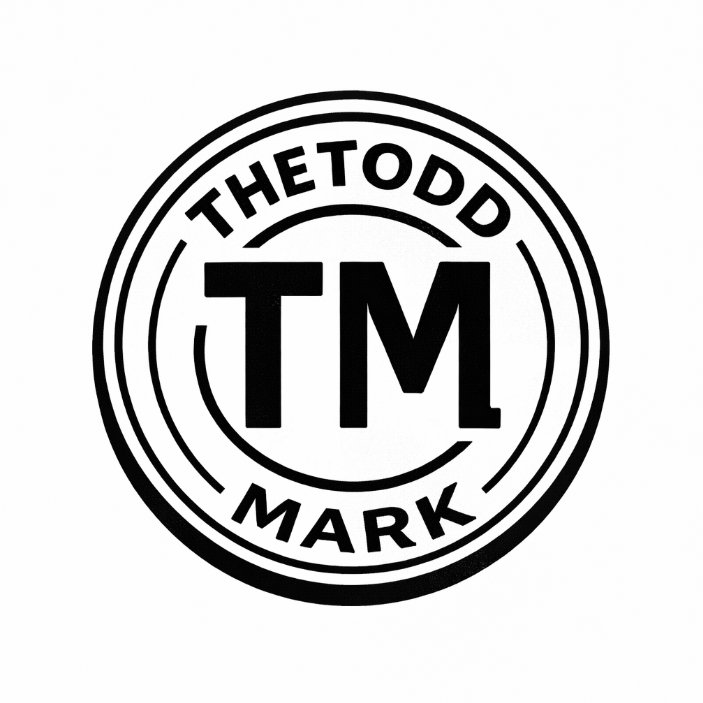 The Todd-Mark logo - a circular black-and-white badge reading THETODD above a large TM monogram, with MARK below