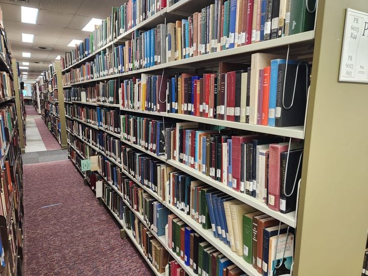 A long shelf of books in a carpeted library.