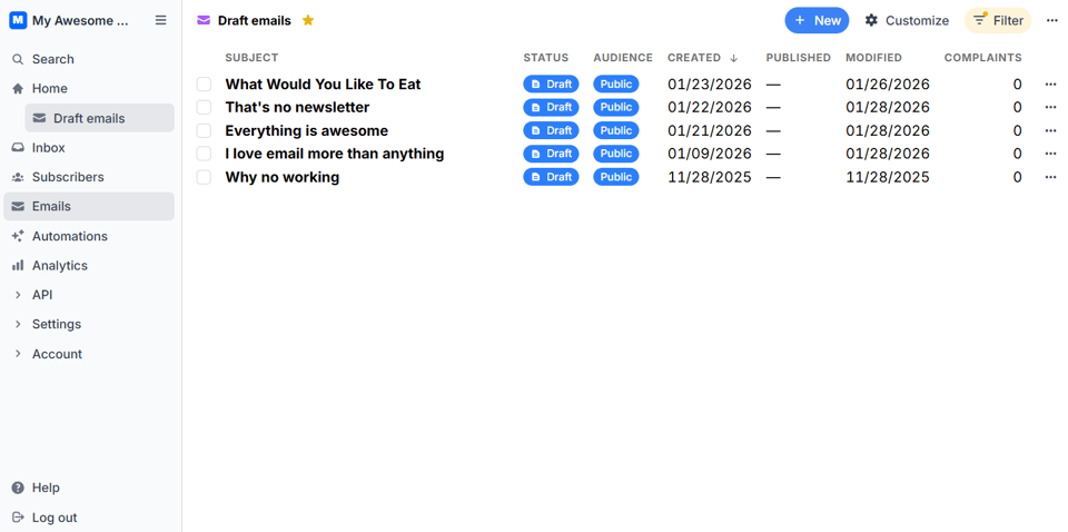 A Buttondown dashboard showing a starred view ("Draft emails") beneath the Home tab. The starred view is a list of emails filtered to show only emails with the Draft status.