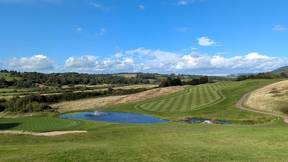 Twenty Ten 18th green and fairway, clear panoramic views of the Usk Valley