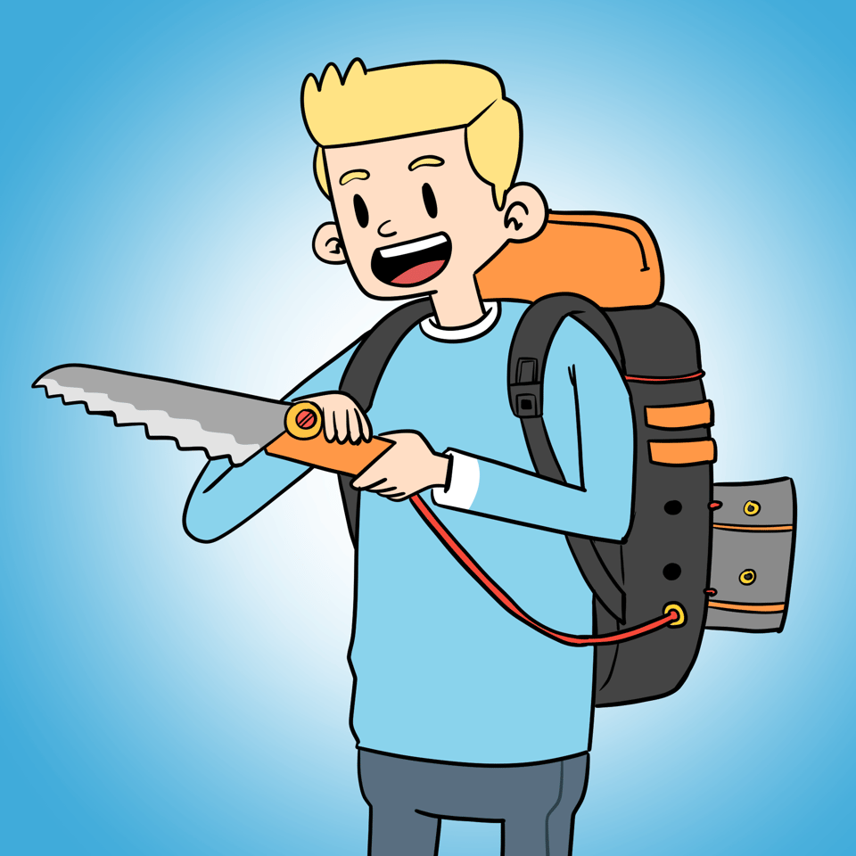 A man is standing while holding an electric saw a wire connects the saw to a backback he is wearing.