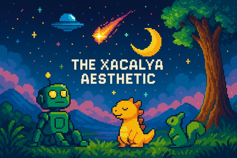 Pixel art image to go with artistic statement, showing a robot, dinosaur, and squirrel, sitting under a tree and looking up at a starry sky with a meteor, moon, and UFO.