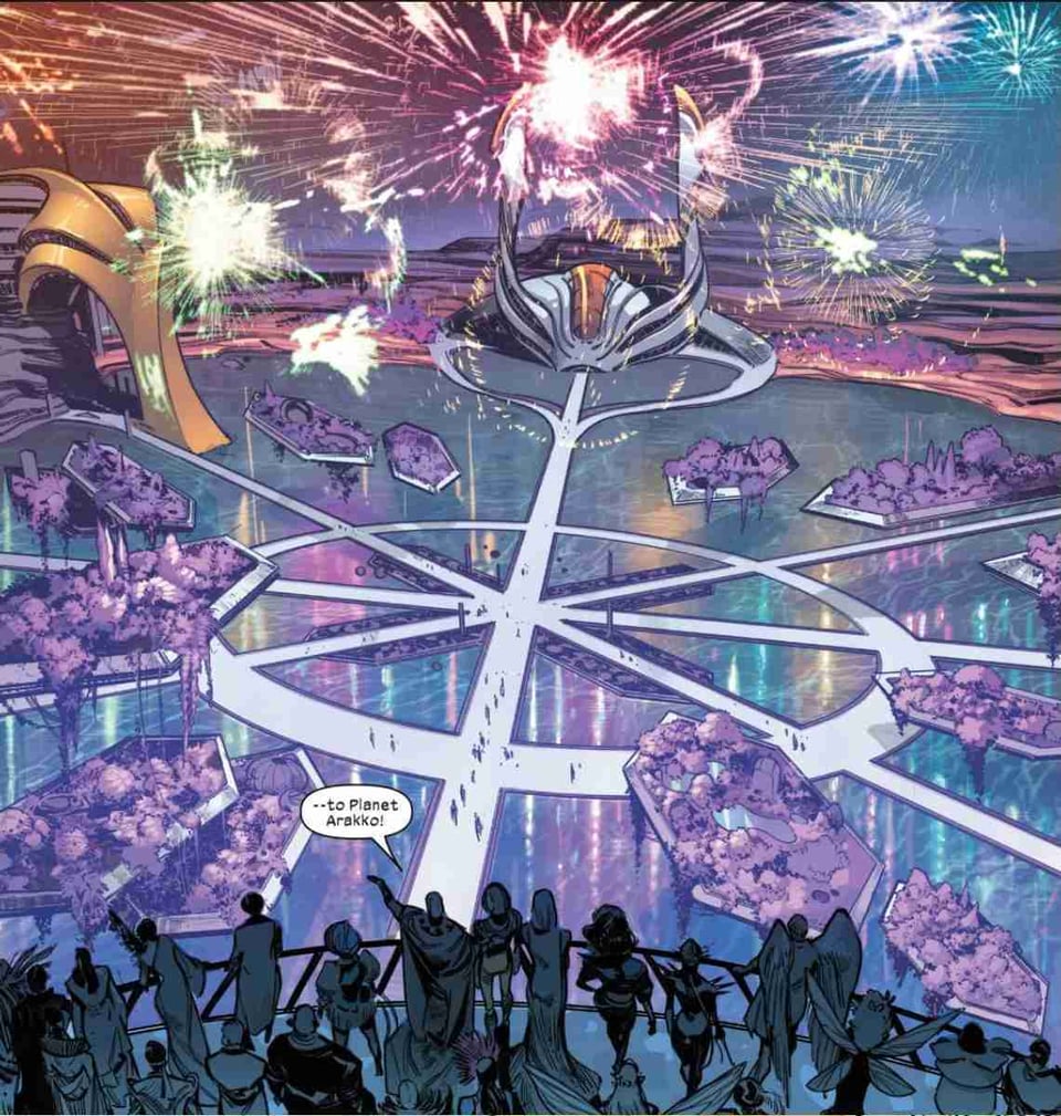 an image at the Hellfire Gala, fireworks exploding and mutants cheering, with a text bubble saying "to planet arakko!"