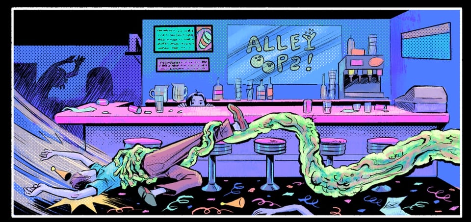 Colorful comic panel of a body being dragged by a slimy monstrous appendage through a bowling alley bar.
