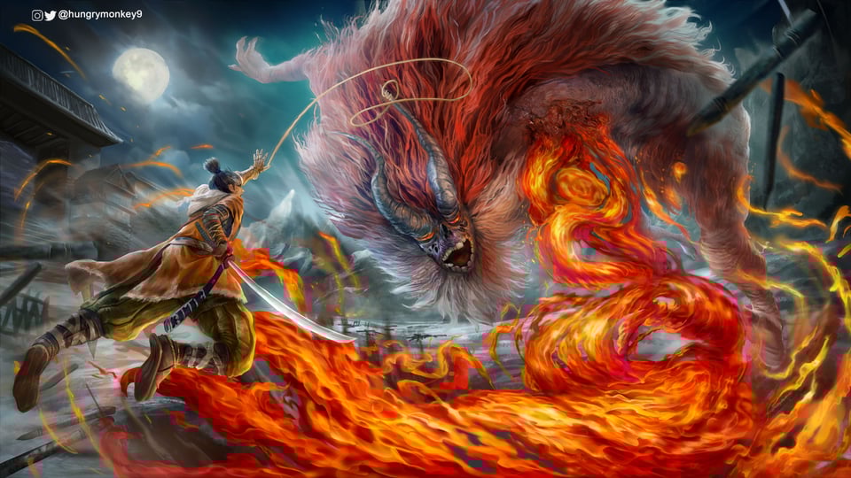 An illustration of Wolf, Sekiro's main character, battling the Demon of Hatred on a moonlit night as fire swirls around them both.