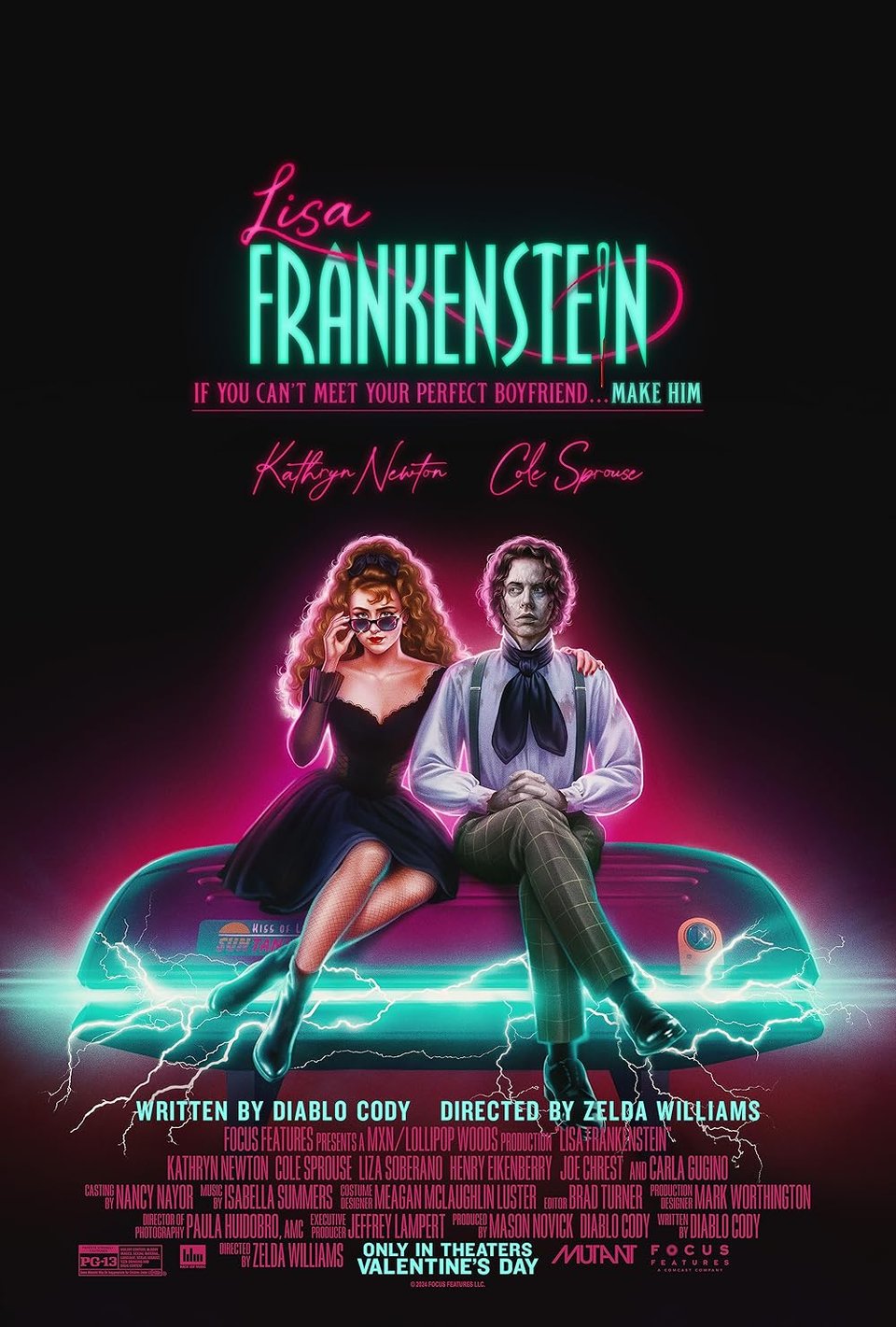 A neon pink and teal 80s style movie poster, the words "Lisa Frankenstein" on top, and a woman with long curly brown hair and a man with short dark hair, sitting on the hood of a car below