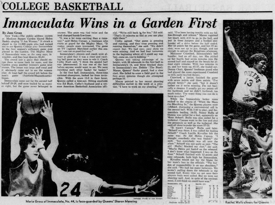 Newspaper clipping with headline "Immaculata Wins in a Garden First" and photos of Immaculata and Queens players