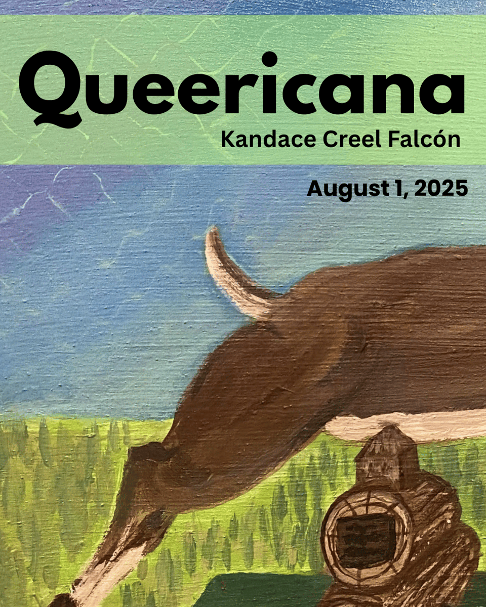 a paintingo of the lower half of a buck jumping over a stack of logs with a banner stating "Queericana" on top of image