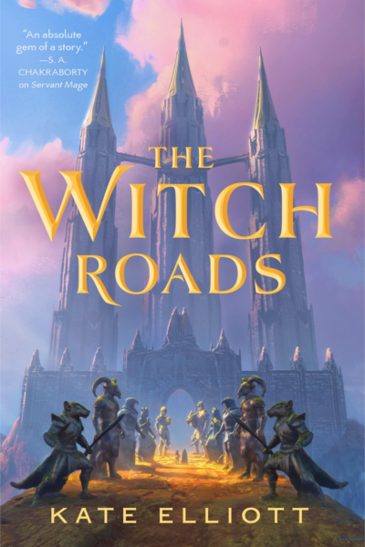 The cover for The Witch Roads by Kate Elliott. A huge castle rises into the background with threee spires, against a purple and blue sky filled with pink clouds. In the forefront, a long path leads to the spires, the road lined with human-figure statues that have animal heads instead. Far along the path, two small figures along the path are bathed in a beam of sunlight.