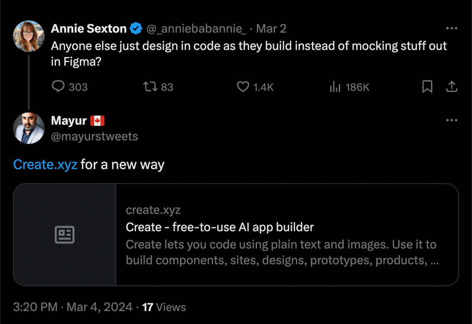 A twitter exchange where one user recommends using create instead of mocking things out in Figma