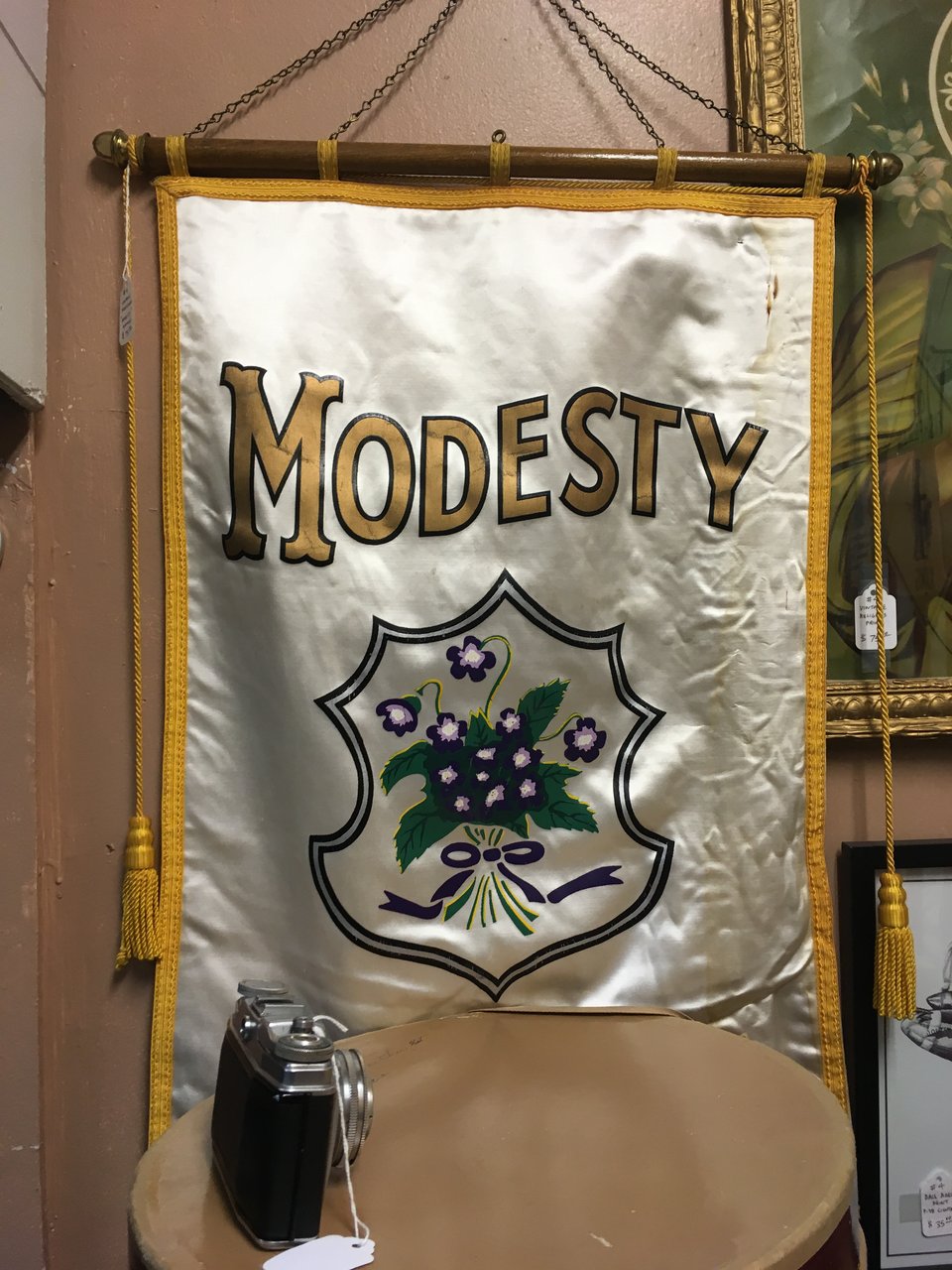 Banner reading "modesty"