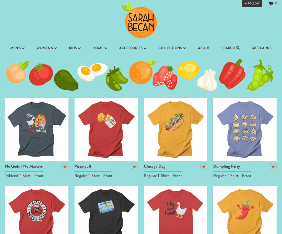 a screengrab of my threadless page, with several shirt designs