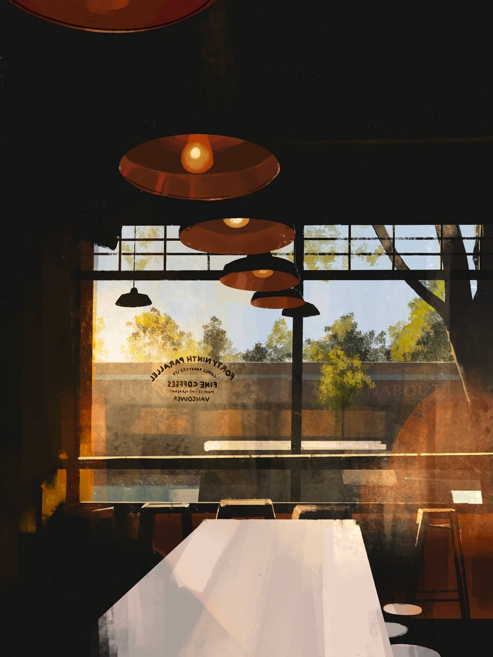 a restaurant with a table and chairs