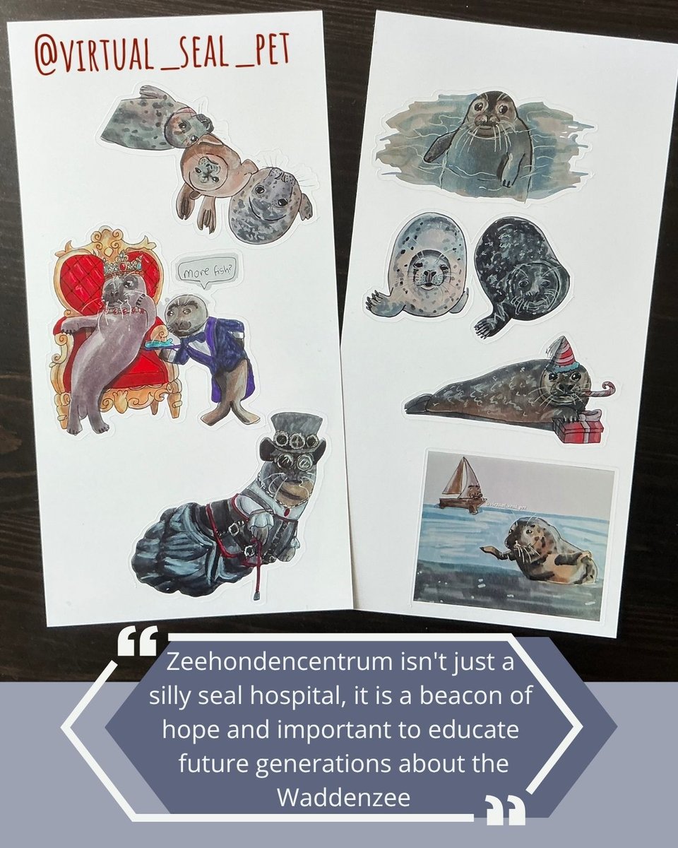 Two sticker sheets, showing seals drawn with watermarkers, some more realistic in style, others fanciful like a queen on her throne or a steampunk seal. The seals are former Zeehondencentrum patients Gothmog, Anton, Dropje, Pepernoot, Django, and Jutter.