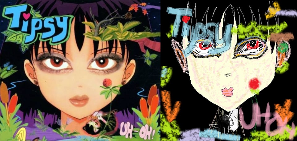 A color drawing of a white woman's head, in a kind of anime style. Her eyes are very big, and her lips are small. Her head appears to be coming out of the ground. Around her neck are cattails, a stream, a log, and what I think is a small cat rolling around on its back.