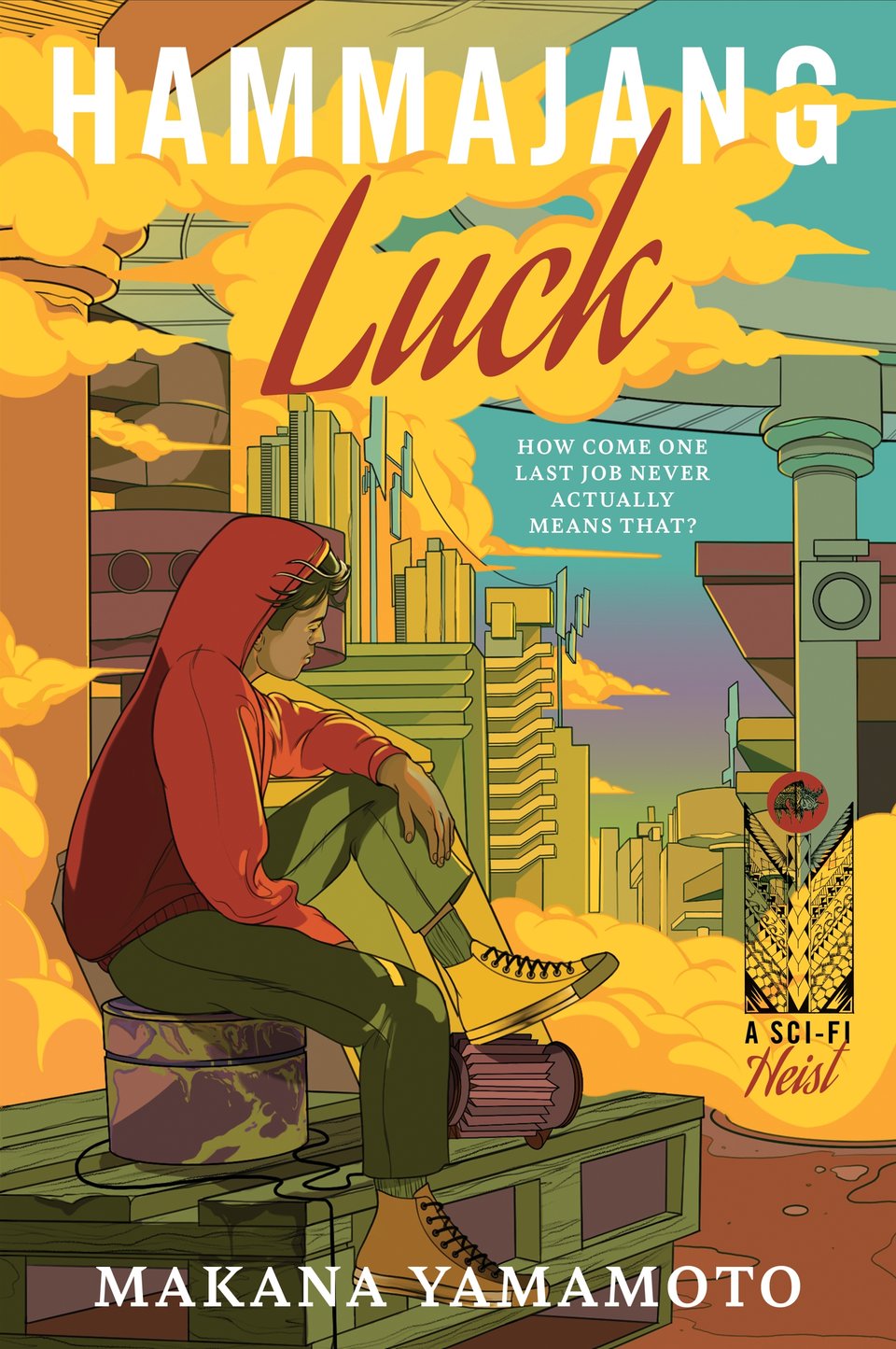 North American cover for Hammajang Luck. it shows Edie, a nonbinary person with dark brown hair and light brown skin, wearing a red hoodie and dark pants, sitting on an overturned drum looking out over Kepler space station at sunset. There are futuristic buildings and a monorail track overhead, as well as golden clouds filling the background. a badge on the right side shows a traditional Hawaiian tattoo with a koi fish emblazoned at the top