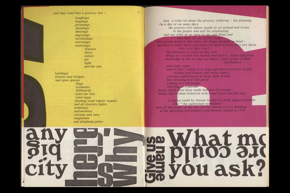 [Another spread from the same book as the header image. This time, the left page is mainly yellow and the right page has a big pink R laid on its side across the page. There is smaller text on the top half of the page and headlines in various typefaces at the bottom.]