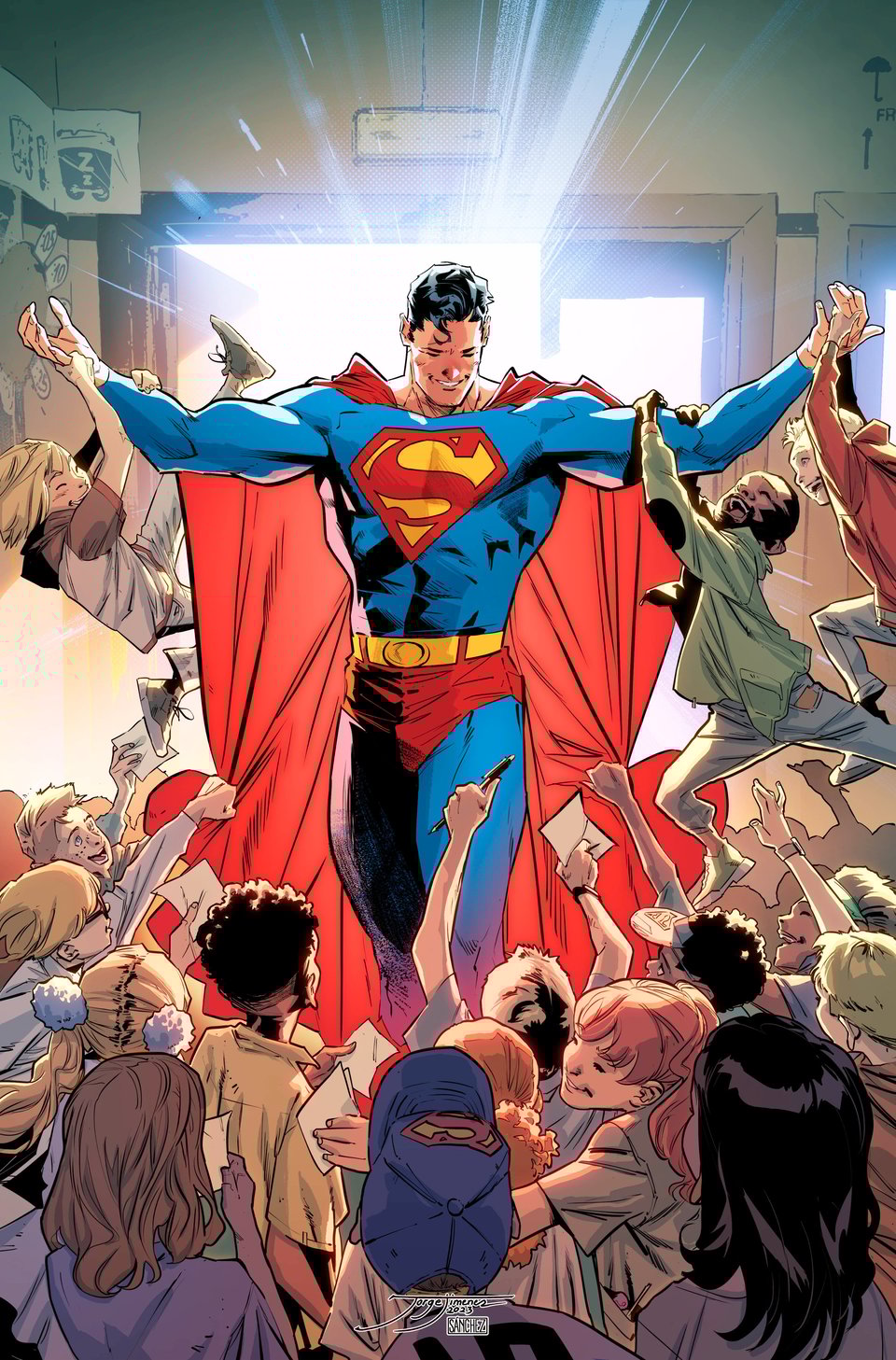 Superman in front of a crowd of kids, some of them hanging excitedly from his outstretched arms, by Jorge Jimenez.