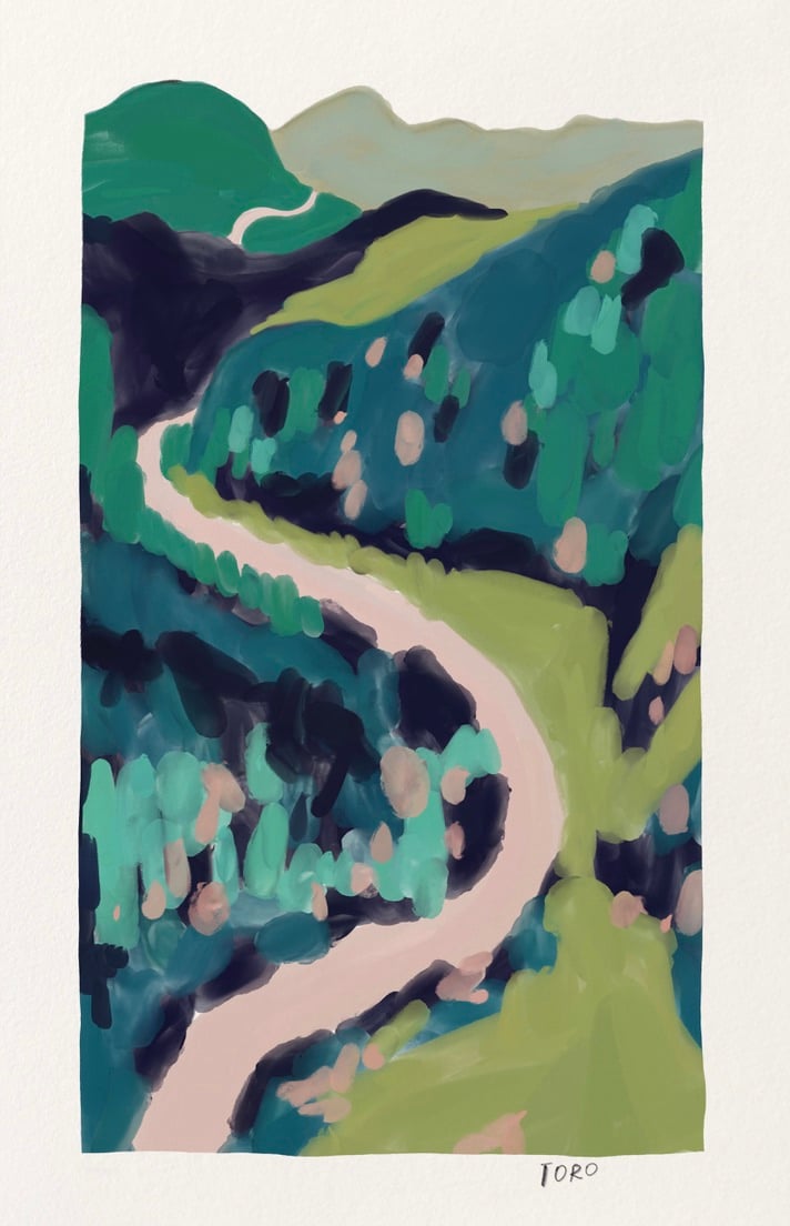 Blue, green, and pink illustration of a road leading through a mountain landscape in Puerto Rico