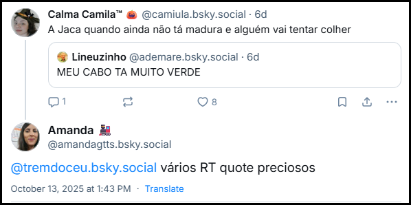 Post de ‪Amanda‬ (‪@amandagtts.bsky.social‬) marcando nosso perfil no bluesky