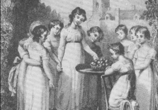 An 18th century woodcut print showing a woman holding out a bowl full of apples to a group of young teenage girls, who seem pretty happy about it