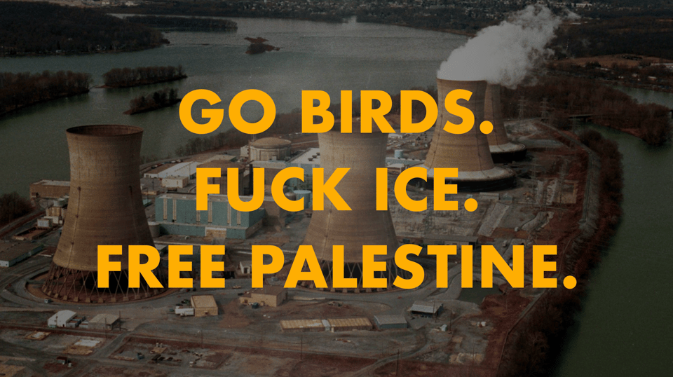Background of the Three Mile Island nuclear power plant with the text GO BIRDS. FUCK ICE. FREE PALESTINE. overlaid.
