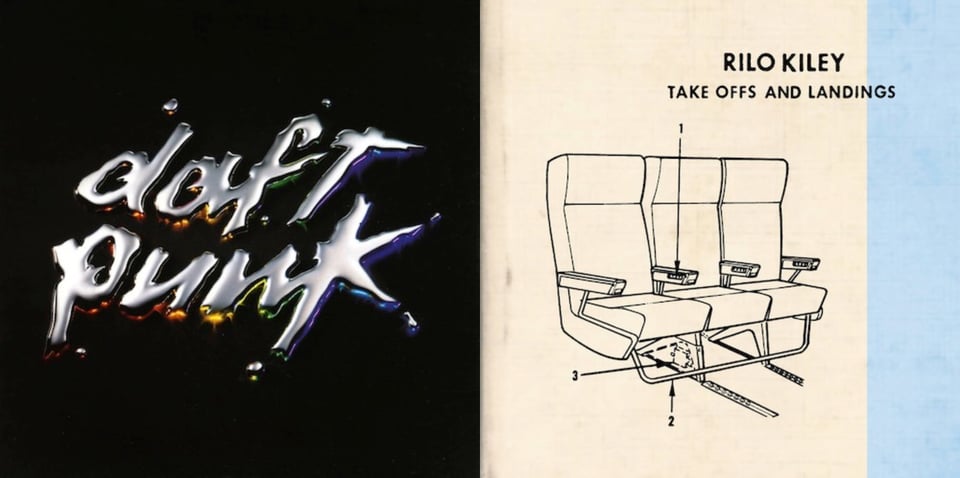 First pic: The Daft Punk logo rendered in a silver, mercury-like liquid. Underneath the letters are glowing highlights, running the rainbow from red on the left to indigo on the right. This is on a black background. Second pic: A pen and ink diagram of three airline seats on a beige background. Arrows point to one of the arm rests, a bar at the bottom that runs across the bottom of all the seats, and  to some unidentifiable piece underneath the first chair.