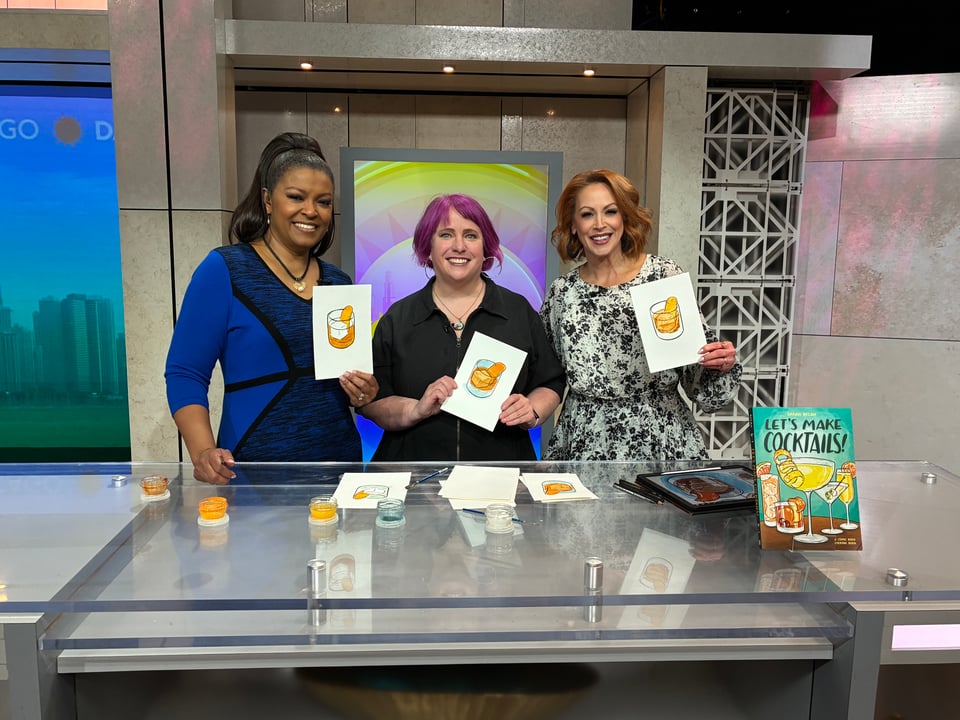 Yours truly drawing cocktails with the hosts of Daytime Chicago