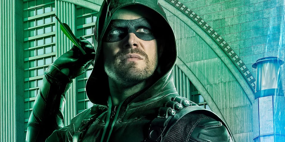 A poster for Arrow, featuring Oliver Queen, a white man with a messy brown beard, wearing a green hood and green eye mask, plus a green leather outfit with bandolier, pulling an arrow out of his back quiver.