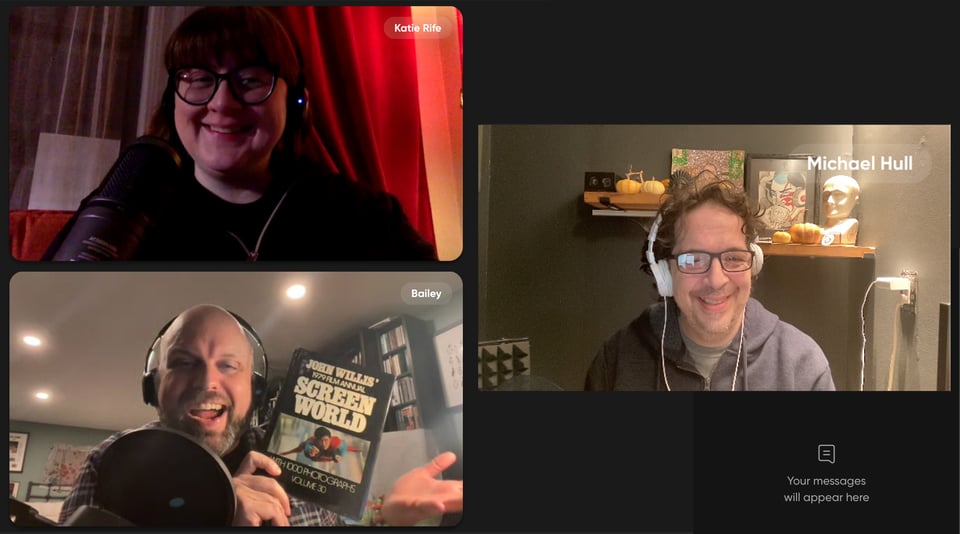 Guest Katie Rife with co-hosts Jason Bailey and Mike Hull.