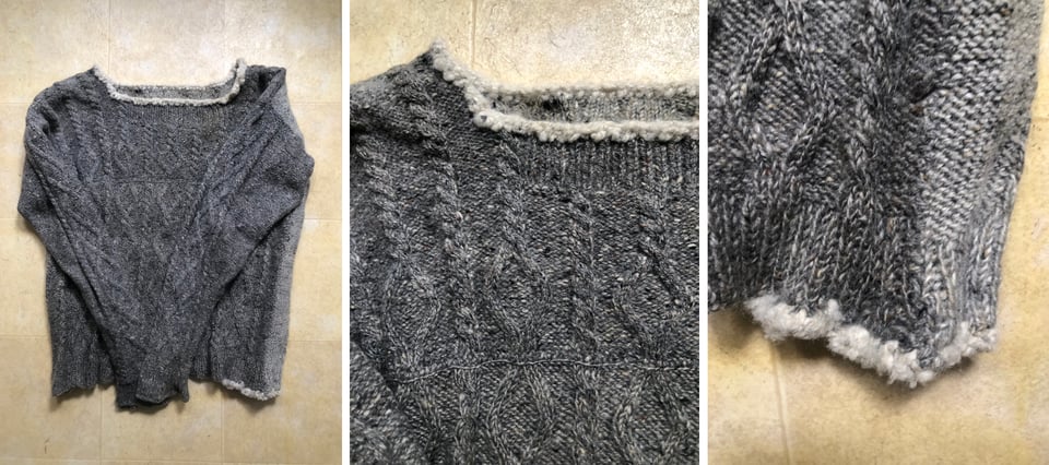 three images of a cabled wool sweater in dark gray wool, with an odd sort of collar a line of white wool crochet. close-ups on the collar and the hem, where more white wool has been used to stabilize fraying stitches.
