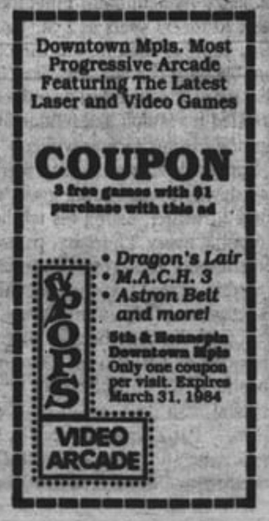 1984 City Pages Advertisement/Coupon for Pops Video Arcade in Downtown Minneapolis