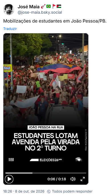 Post de José Maia 🎸🇧🇷🚩🇵🇸 (@jose-maia.bsky.social): Mobilizações de estudantes em João Pessoa/PB
Post contém vídeo