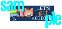 A sample of a website badge. Cute tiny pixel art Git as Nyan Cat (with a Pop-Tart for a body and a rainbow trailing behind him) with the phrase Let's git coding.