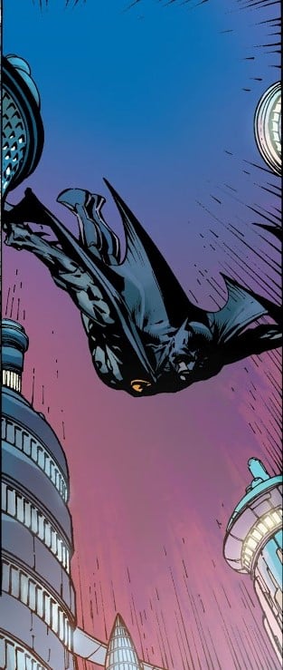 Batman swoops down from the top of the panel into the city to save the day.