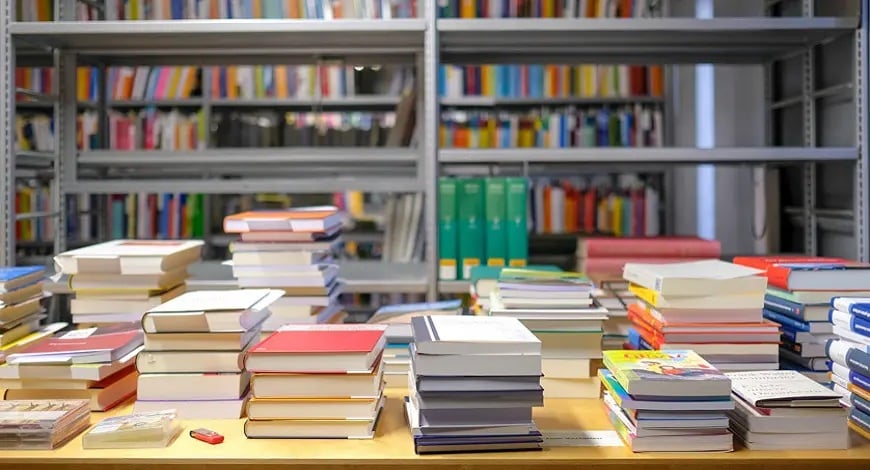 Piles of books stacked on a table with more books stored on shelves behind them