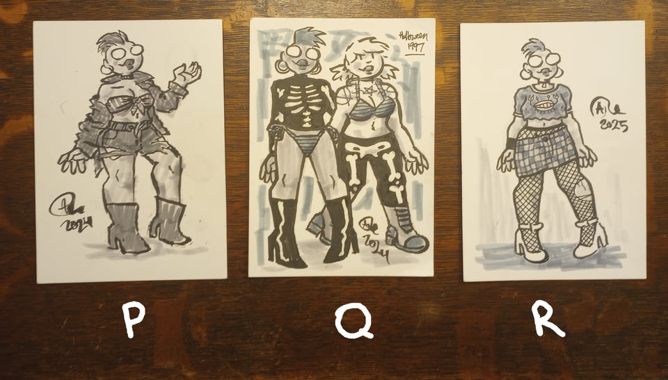 Three drawings of Val in various outfits. She's with Tori in one of them.