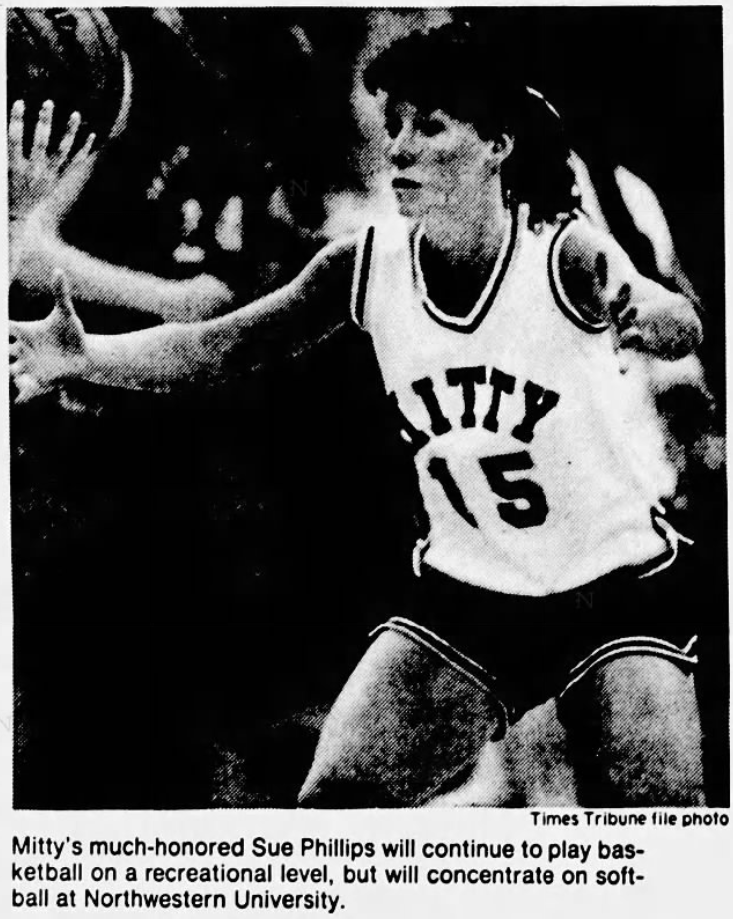 Newspaper clipping with photo of Sue Phillips playing defense at Archbishop Mitty High School