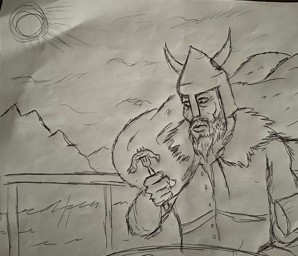 A rough sketch of a Viking staring at smoked salmon on a fork