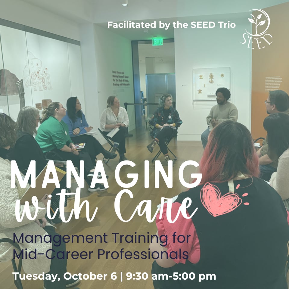 A photograph of people sitting in a circle of folding stools in a museum gallery, overlaid with the text "Managing with Care: Management Training for Mid-Career Professionals".