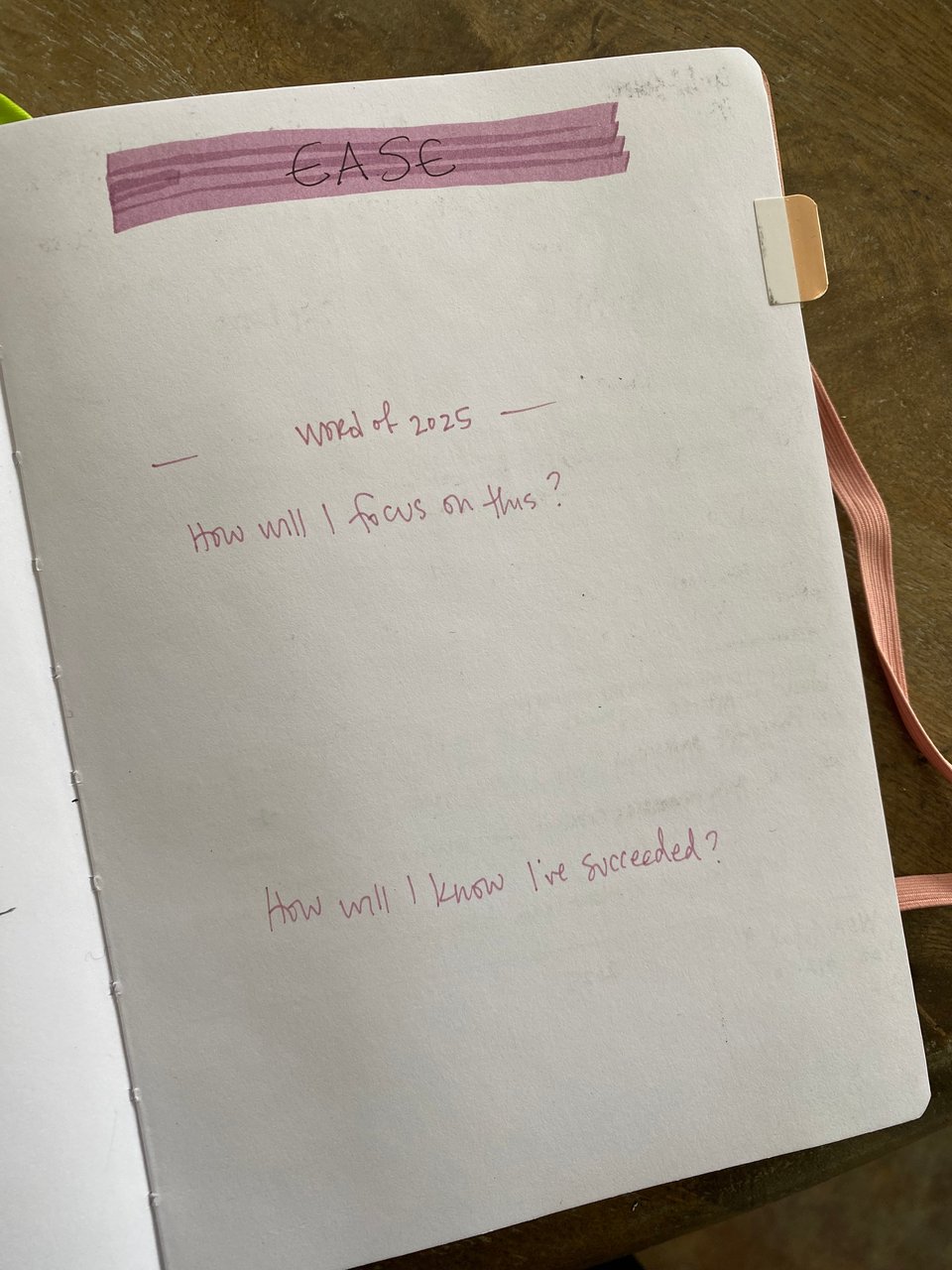 A journal page that says Ease on the top and two questions, how will I focus on this, and how will I know I've succeeded with the rest of the page blank and empty
