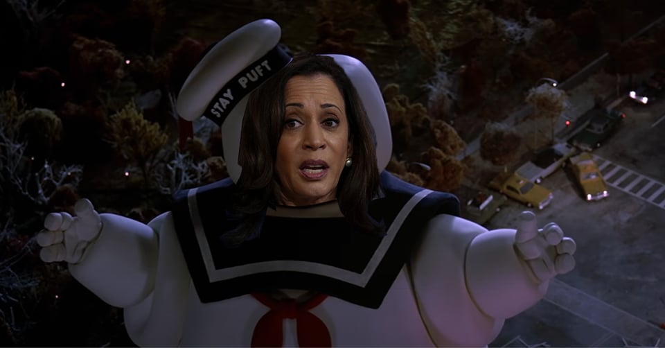 An image of a giant marshmallow man with the face of Kamala Harris clumsily photoshopped on