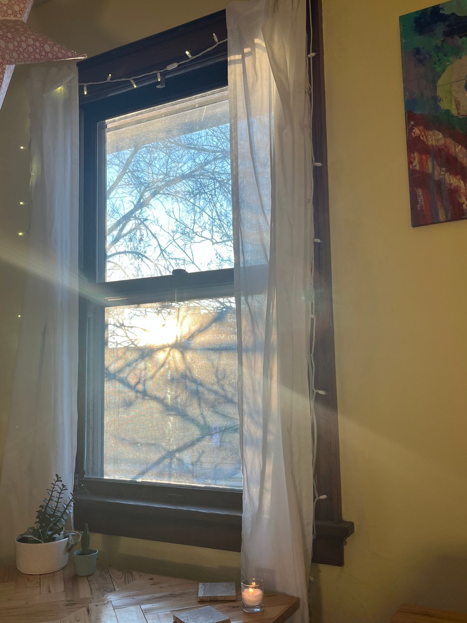 morning light rays coming through the window with a votive candle and plants on the coffee table