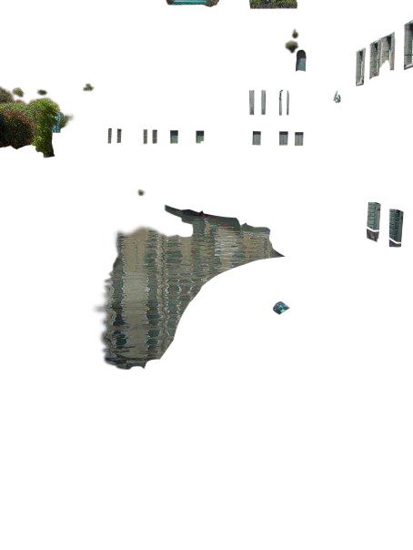 A pond outside a European city building, but only the green parts of the image (the pond itself and the window shutters)