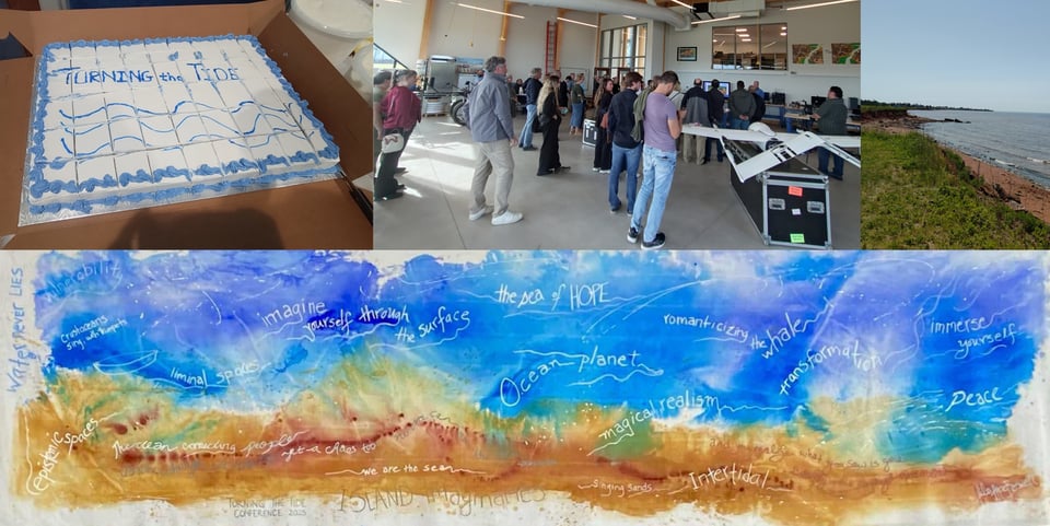 A panel of pictures, starting with a picture of a pie that has decorations on it and the conference title: turning the tide. Followed by a picture of the conference participants standing in the Climate Change Center for a tour. Another picture is from the Prince Edward Island Coast as seen from Victoria. The largest picture is an artwork representing an island and the see with several quotes from participants.