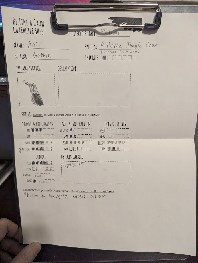 A Be Like a Crow Character sheet.