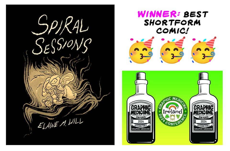 An image showing the cover of my mini-comic "Spiral Sessions," winner of the 2024 Graphic Medicine Award for Best Shortform Comic
