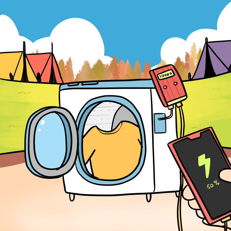 A washing machine with a shirt inside. Several devices are attached, one of which shows a 50% battery charge on it.