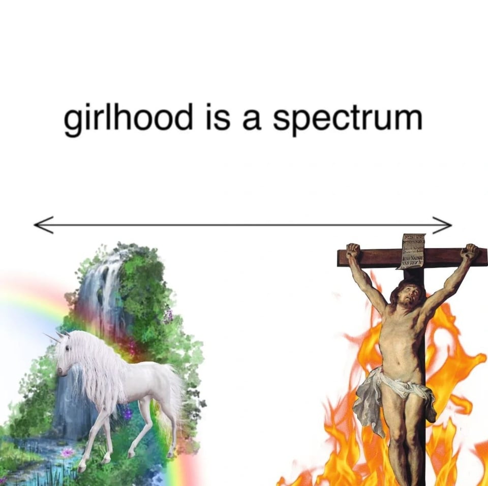 On the left is a unicorn under a rainbow, and on the right is Jesus on the cross with fire around him. Above all this it says "girlhood is a spectrum"