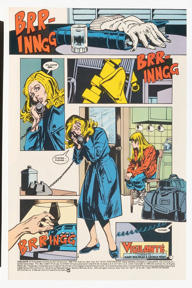 Vigilante 17 page 1. A blond woman is on the phone, frantically waiting for the person on the other end to pick up
